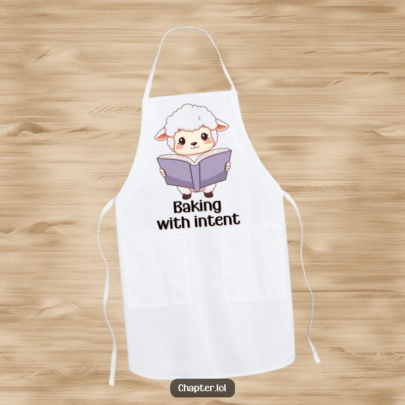 Funny sheep scholar apron showing a fluffy white sheep holding a large open book, eyes wide with focus. Humorous kitchen wear for literary enthusiasts.