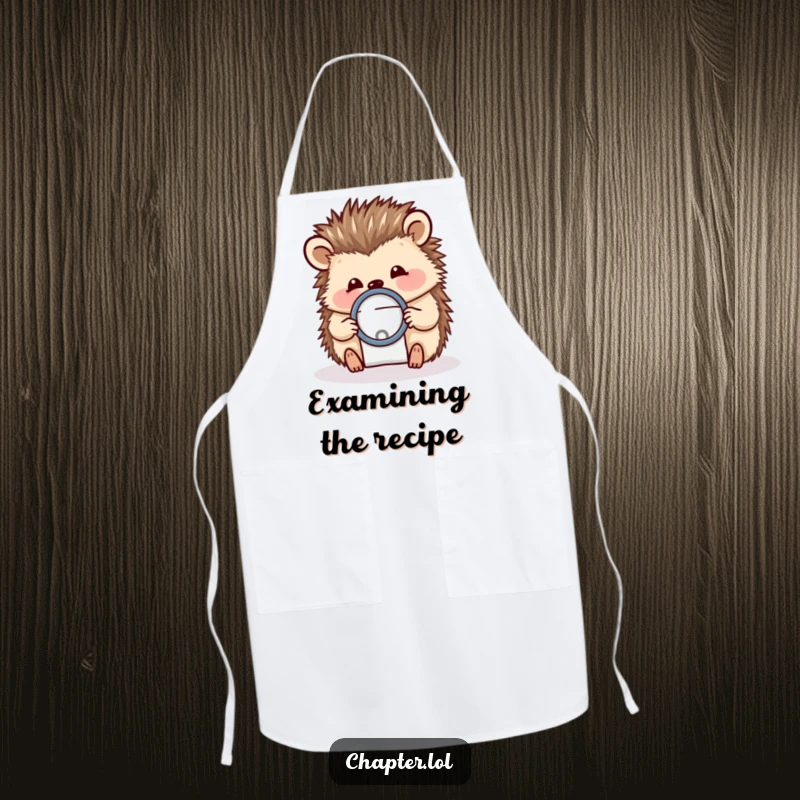Funny apron featuring a cheerful hedgehog examining a tiny letter with a magnifying glass, for the detail-oriented cook.