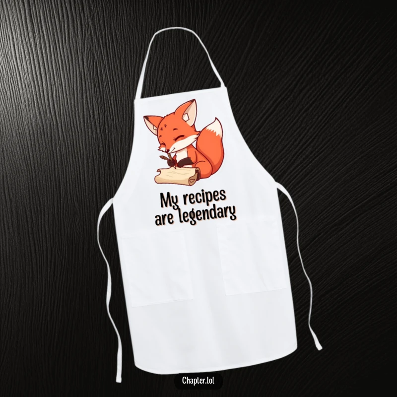 Funny Apron showing a sly red fox with a quill, perhaps writing a recipe, ideal for a humorous kitchen enthusiast.