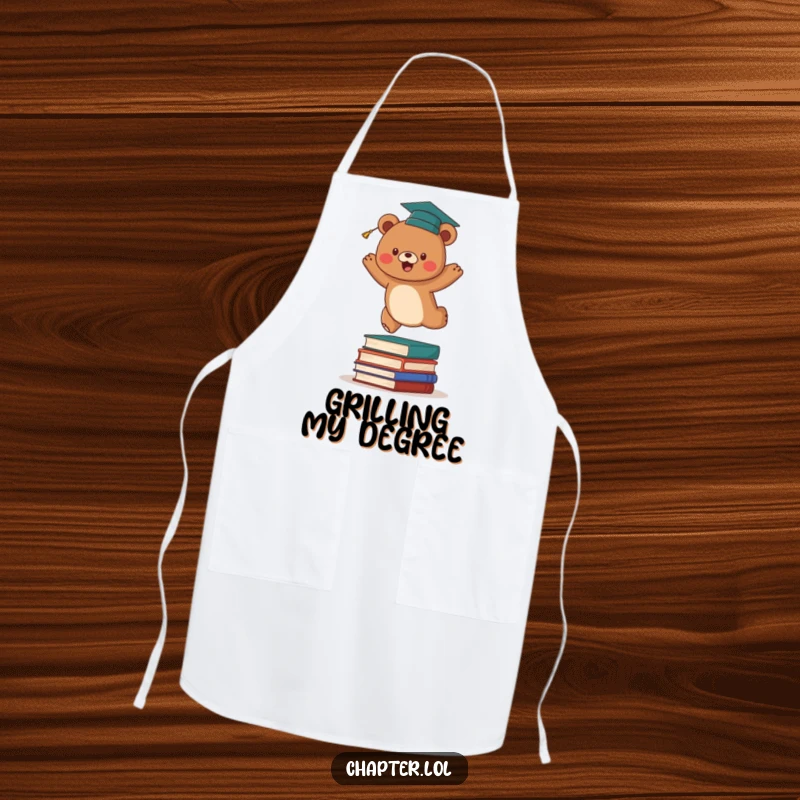 Funny graduation bear apron showing an energetic brown bear in a cap leaping over a stack of books. Humorous kitchen wear for celebrating achievements.