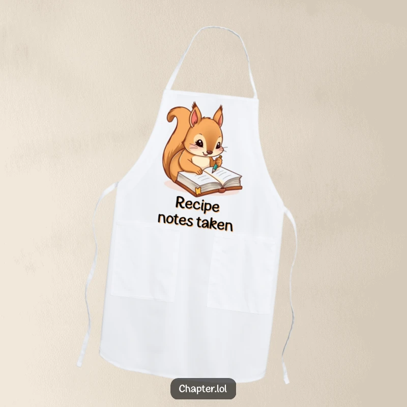 Funny apron featuring a diligent squirrel using a quill pen to write notes in a journal, for the organized cook.