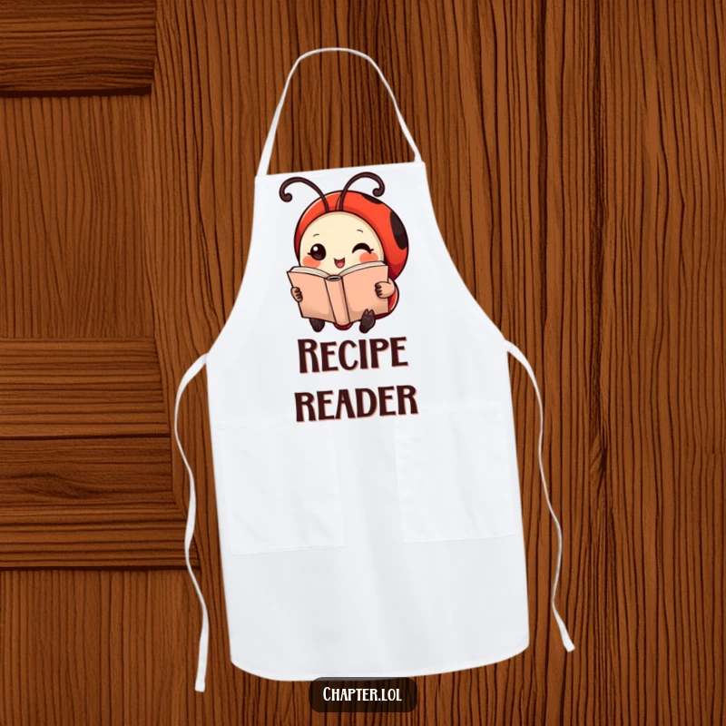 Funny Ladybug Apron: A cute ladybug with antennae as bookmarks, reading a tiny book, ready for the kitchen.
