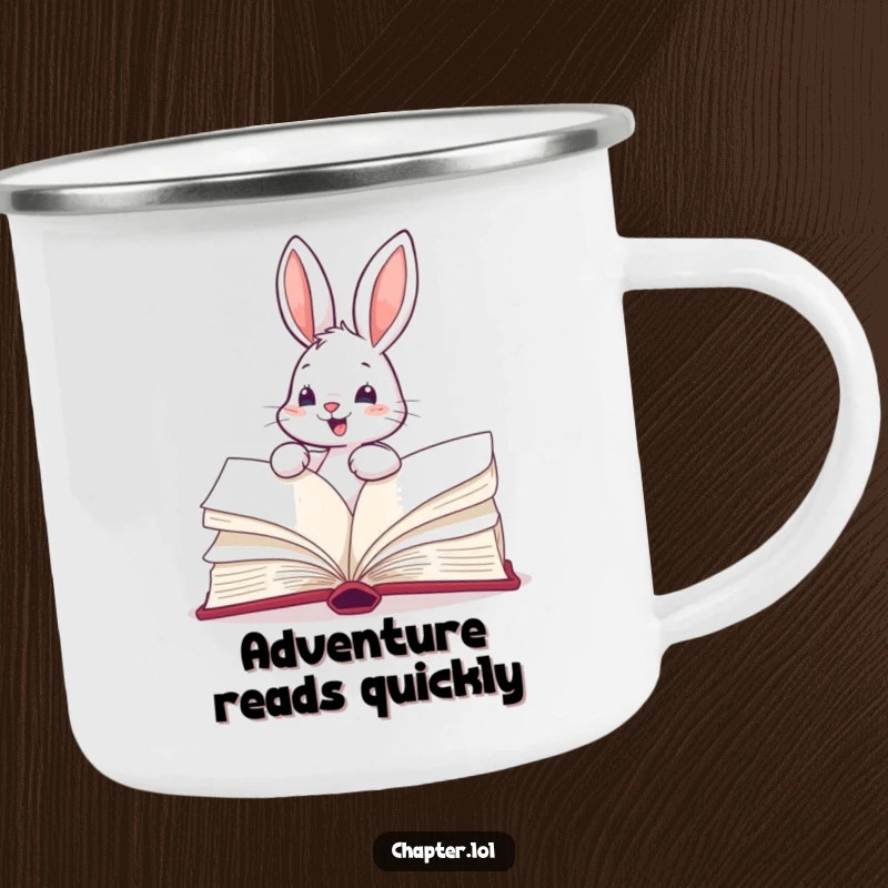 Funny camping mug with an energetic bunny turning the pages of a massive book, designed for literary adventurers outdoors.