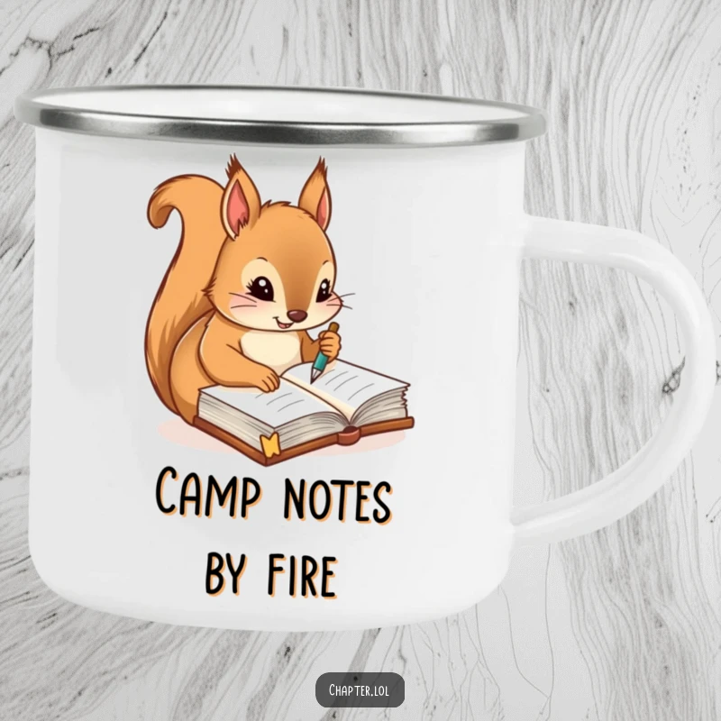 Funny camping mug with a diligent squirrel writing notes with a quill pen in a journal, for the organized outdoorsman.