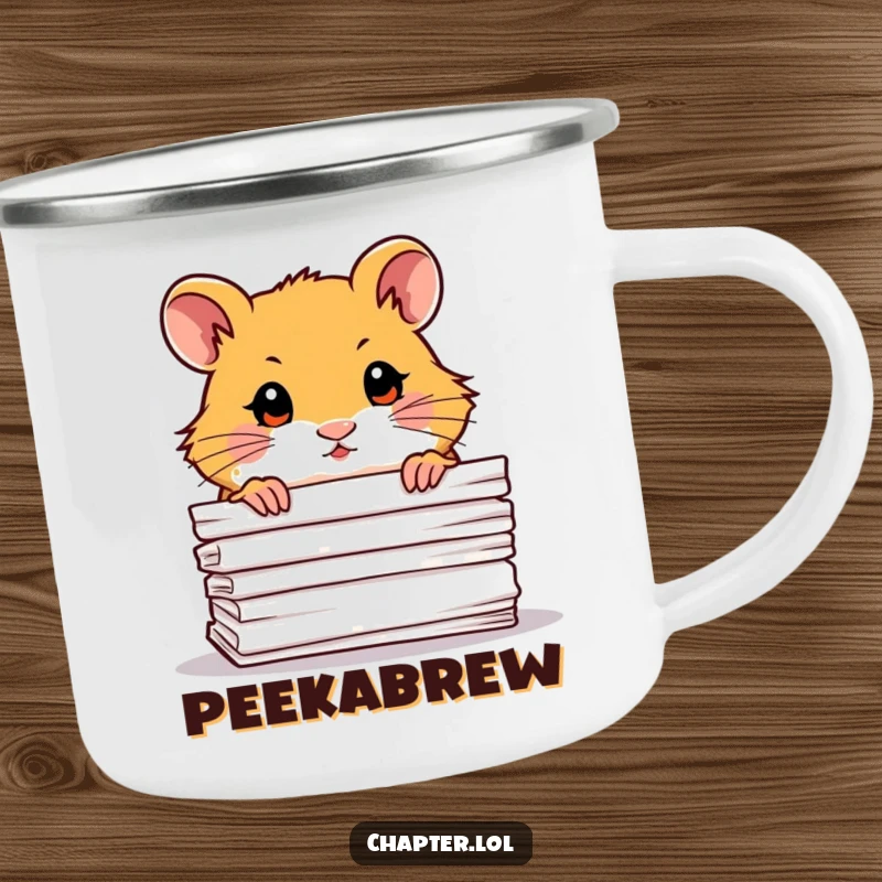 Funny Hamster Camping Mug: Durable enamel mug featuring a curious hamster peeking from behind a stack of paper.