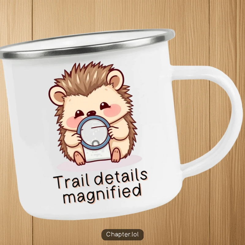 Funny camping mug with a cheerful hedgehog holding a magnifying glass over a tiny letter, for the observant outdoorsman.