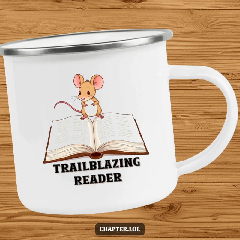 Funny Mouse Camping Mug: Durable enamel mug featuring a determined mouse tiptoeing across a large open book.
