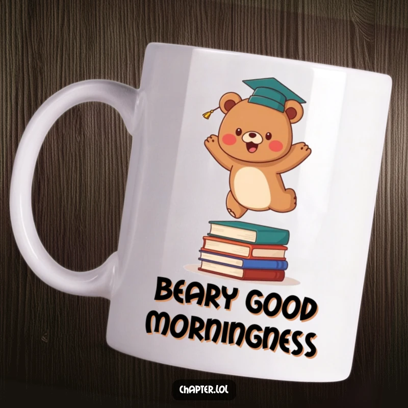 Funny graduation bear mug with an energetic brown bear wearing a tiny cap, leaping joyfully over a stack of books.