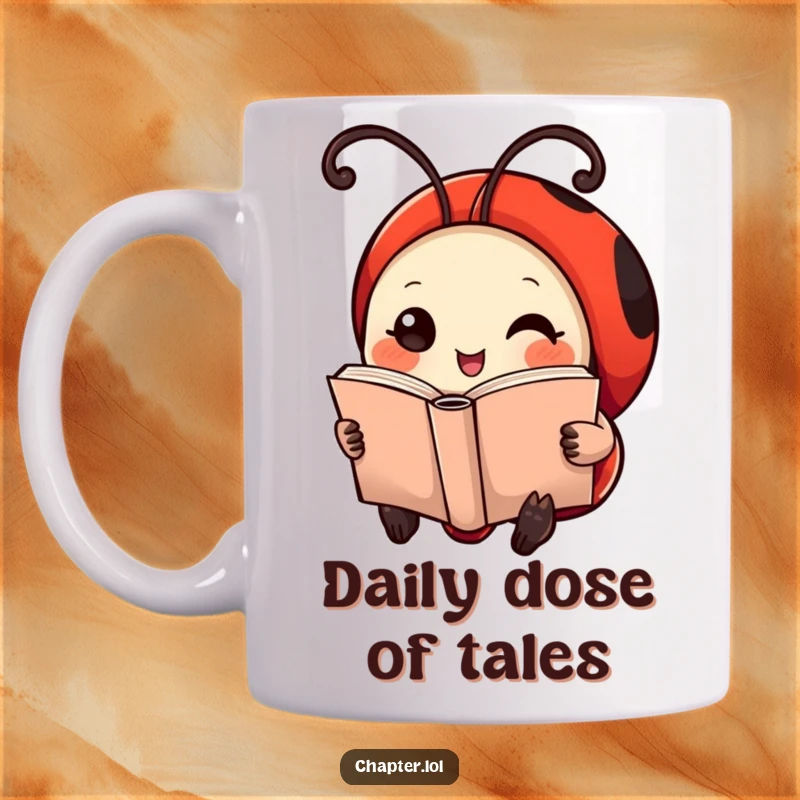Funny Ladybug Mug: A cheerful ladybug with its antennae curled like bookmarks, reading a miniature book.