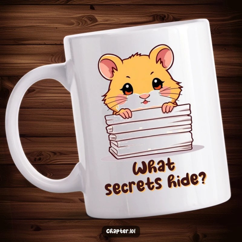 Funny Hamster Mug: A cute, curious hamster peeking out from behind a tall stack of papers.