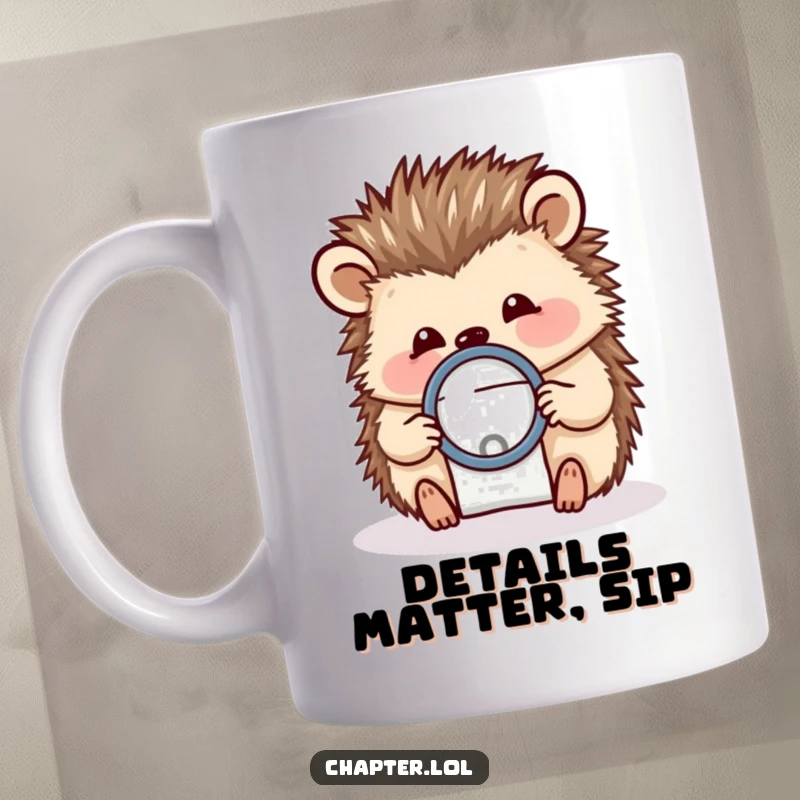 Funny mug showcasing a cheerful hedgehog holding a magnifying glass over a very small letter, highlighting meticulous observation.