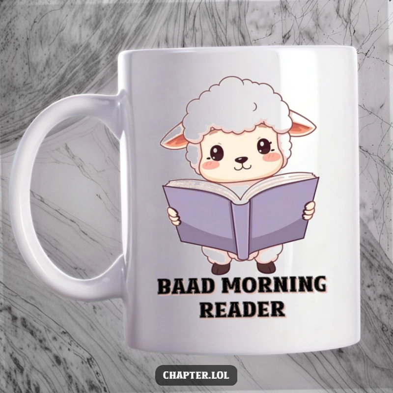 Funny sheep scholar mug featuring a fluffy white sheep with wide, focused eyes, engrossed in a large open book.