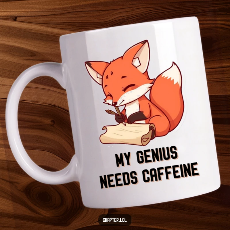Funny Mug featuring a sly red fox with a quill pen, enthusiastically scribbling on a parchment scroll, perfect for writers.