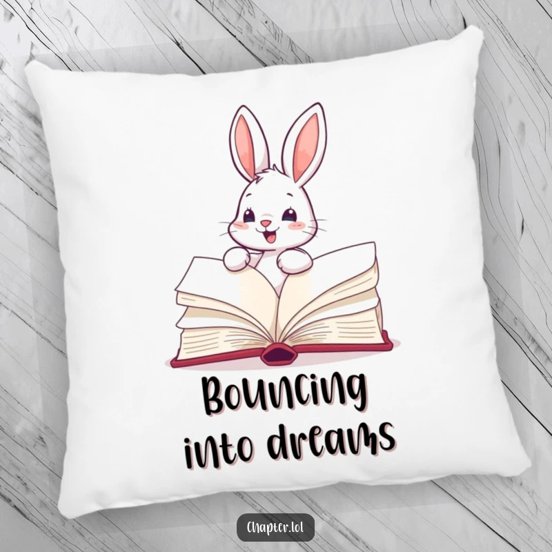 Funny pillow with an energetic bunny turning the pages of a massive book, adding a touch of cheerful comfort.