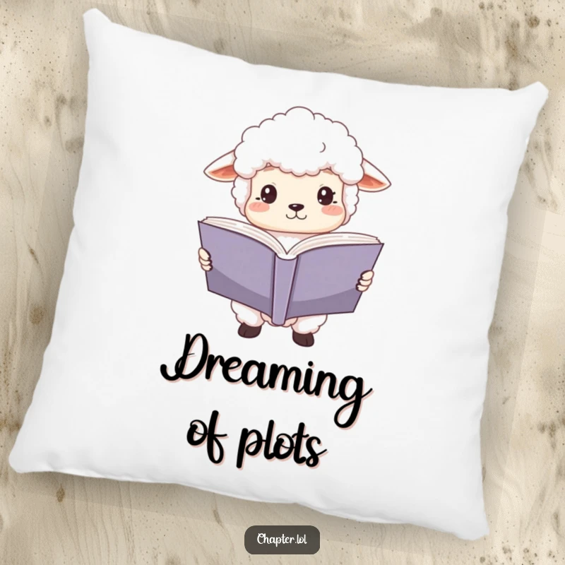 Funny sheep reader pillow with a fluffy white sheep holding a large open book, eyes wide with focus. Soft, decorative, and humorous item.