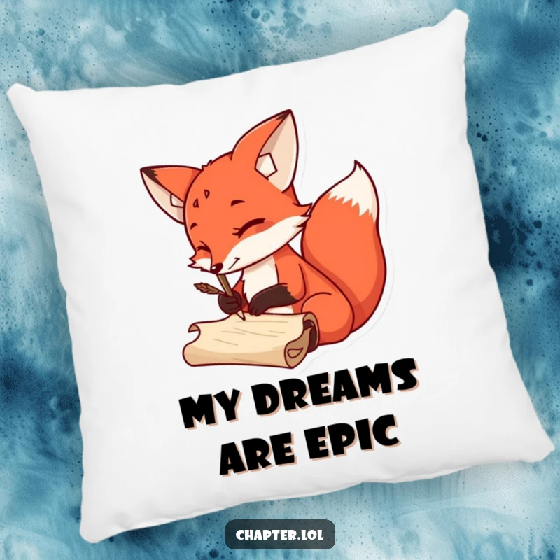 Funny Pillow depicting a sly red fox holding a quill pen, writing on a scroll, offering a humorous touch to decor.