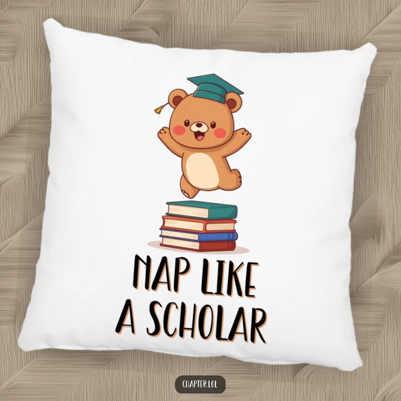 Funny graduation bear pillow with an energetic brown bear wearing a tiny cap, leaping over a stack of books. Soft, decorative, and humorous item.