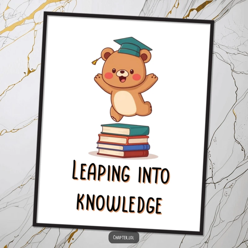 Funny graduation bear digital art print of an energetic brown bear in a cap, leaping over a stack of books. Humorous and motivational instant download.