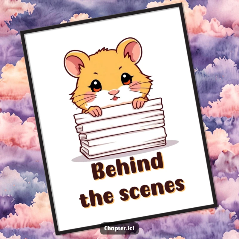 Funny Hamster Digital Art Print: A high-resolution, whimsical illustration of a curious hamster peeking from behind a stack of paper.
