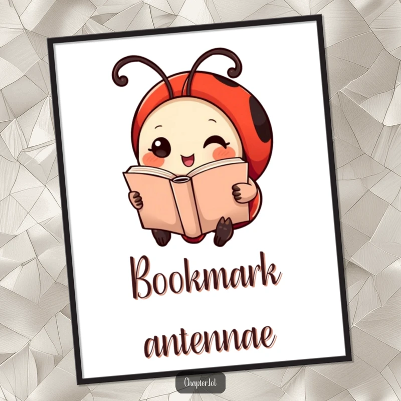 Funny Ladybug Digital Art Print: A high-resolution, charming illustration of a ladybug with antennae curled like bookmarks, reading a book.