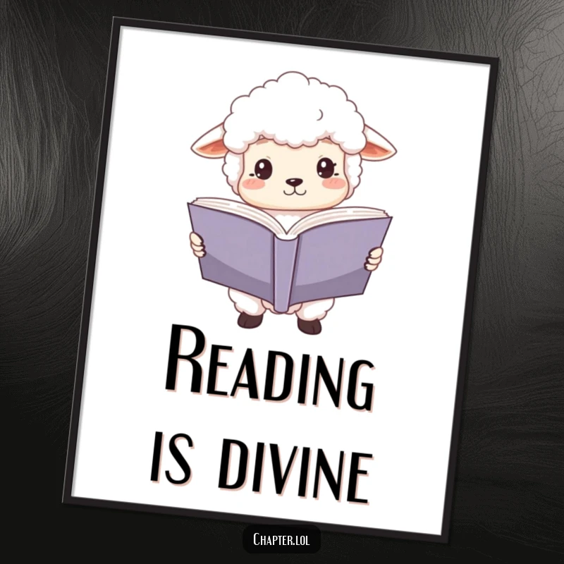 Funny sheep scholar digital art print of a fluffy white sheep with wide, focused eyes, engrossed in a large open book. Humorous and literary instant download.