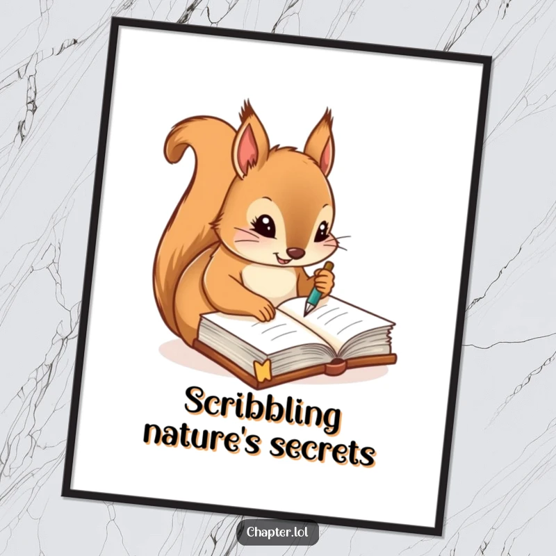 Funny digital art print of a diligent squirrel writing notes with a quill pen in a journal, perfect for organized decor.