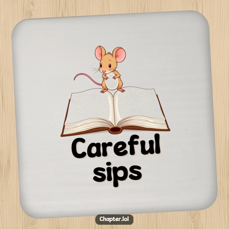 Funny Mouse Coaster: A small coaster depicting a determined mouse tiptoeing across a large open book.