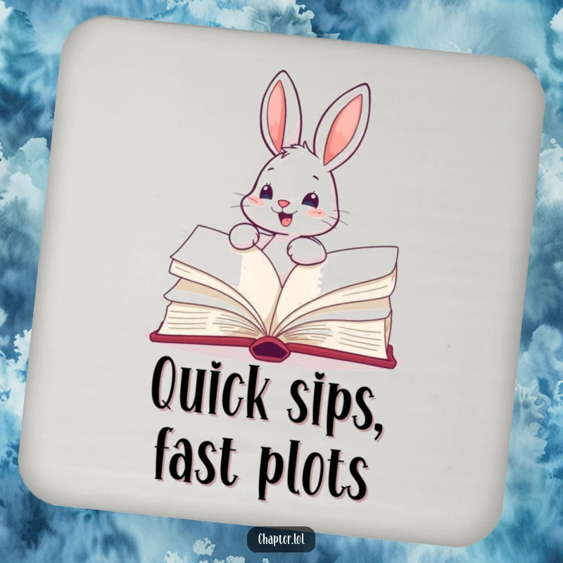 Funny drink coaster with an energetic bunny turning the pages of a massive book, protecting surfaces with cheerful literary flair.