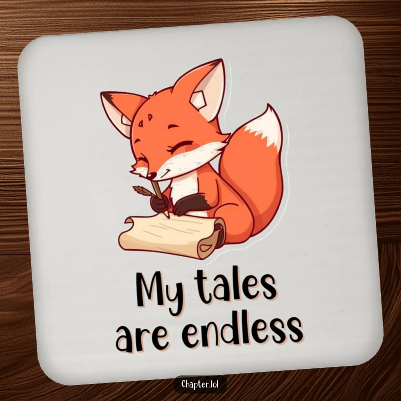 Funny Drink Coaster featuring a sly red fox with a quill pen, adding a humorous touch to beverage protection.