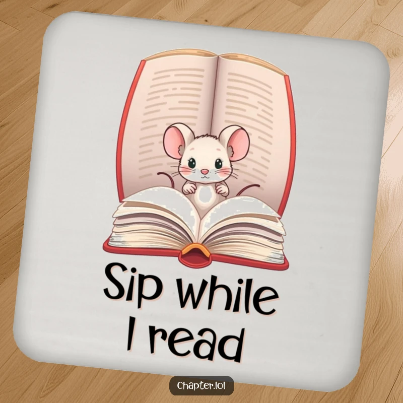 Funny drink coaster with a tiny mouse peeking out of an open book, protecting surfaces with literary charm.