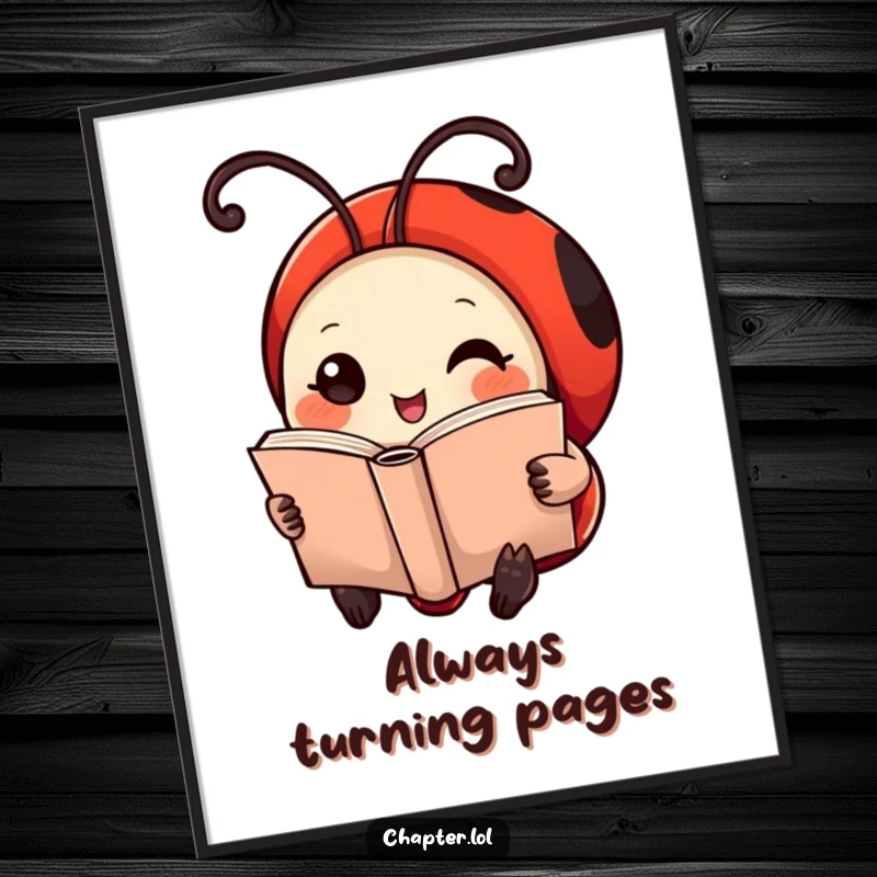 Funny Ladybug Poster: A charming illustration of a ladybug with antennae curled like bookmarks, reading a tiny volume.