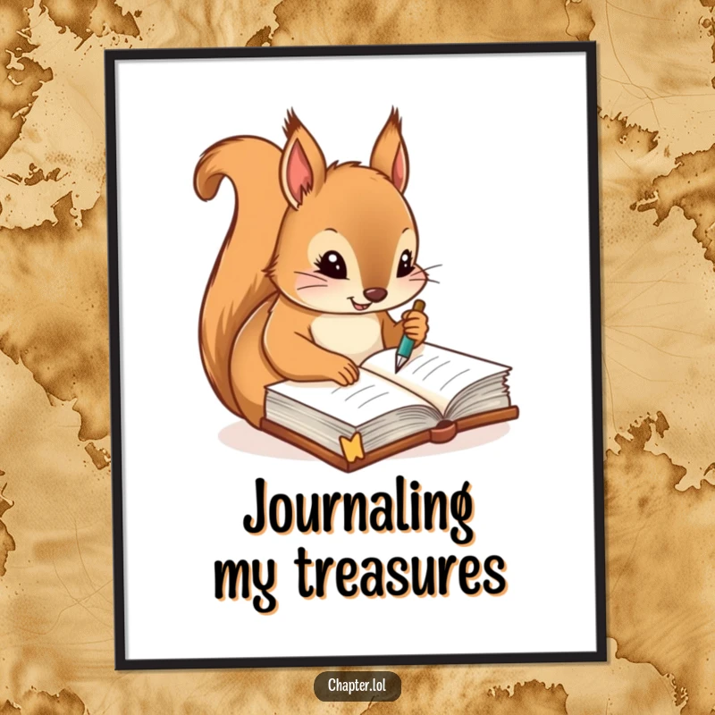 Funny poster featuring a diligent squirrel writing notes with a quill pen in a journal, symbolizing focus and hard work.
