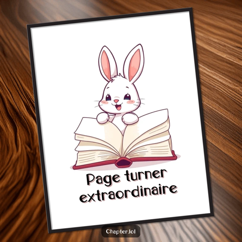 Funny poster featuring an energetic bunny enthusiastically turning the pages of a massive book, creating a joyful reading scene.