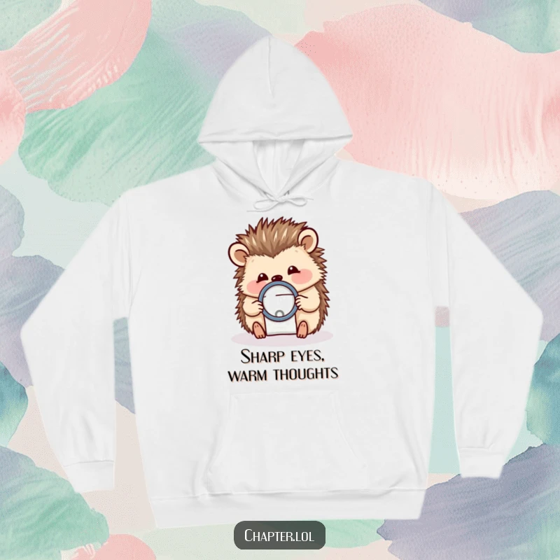Funny hoodie featuring a cheerful hedgehog holding a magnifying glass over a tiny letter, perfect for cozy analytical moments.