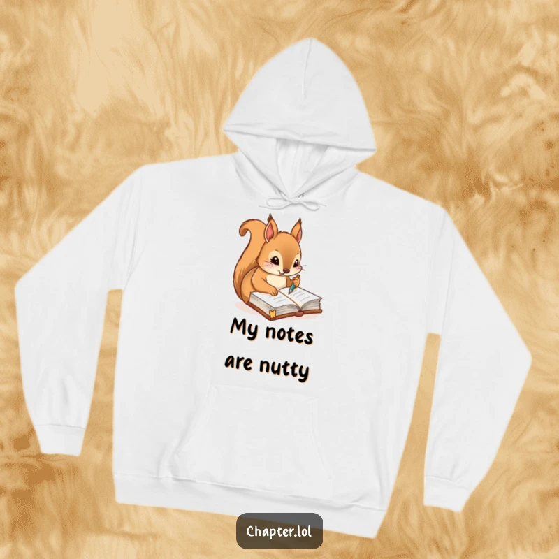 Funny hoodie featuring a diligent squirrel writing notes with a quill pen in a journal, perfect for cozy planning moments.