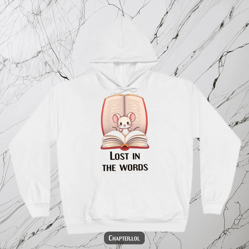 Funny hoodie with a small mouse peeking out from inside a large open book, perfect for cozy reading moments.
