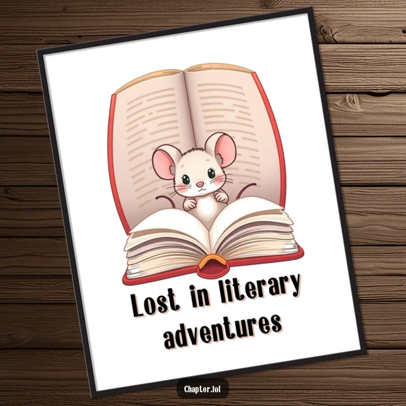 Funny Free Printable Wall Art: A tiny mouse peeking out from a large open book, celebrating the joy of reading.