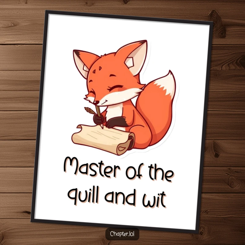 Funny free printable wall art: Sly red fox with a quill pen, looking clever while scribbling on a scroll, adding artistic humor.