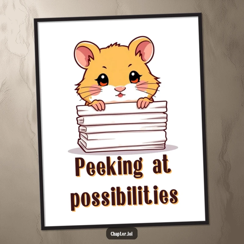 Funny free printable wall art: A curious hamster peeking out from behind a large stack of paper. Cute art.