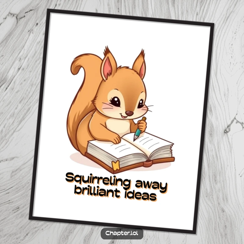 Funny Free Printable Wall Art: A diligent squirrel writing notes with a quill pen in a journal, symbolizing wisdom and record-keeping.