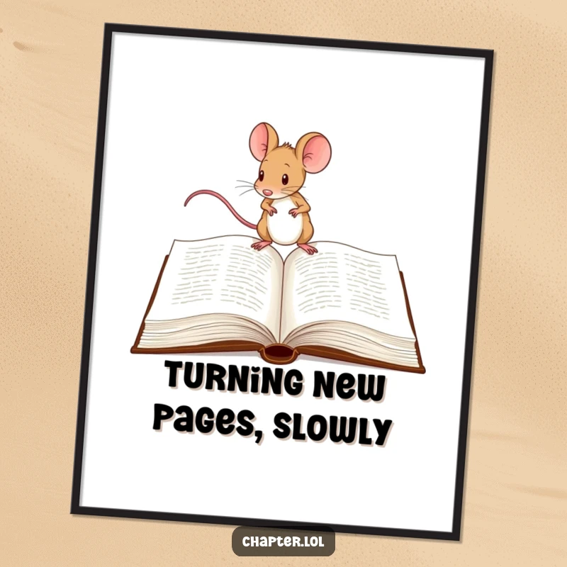 Funny free printable wall art: A determined mouse tiptoeing across a vast open book. Adventure awaits.