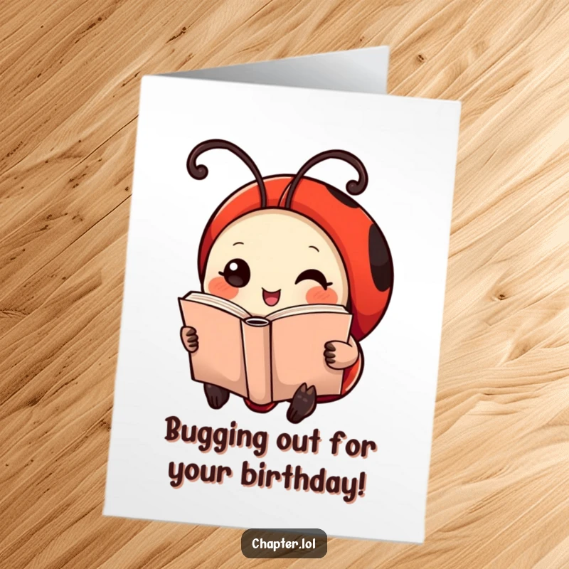 Funny free printable birthday card: Cheerful ladybug with antennae as bookmarks, engrossed in a tiny book.