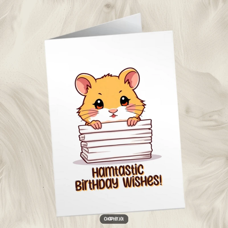 Funny free printable birthday card: Curious hamster peeking from behind a tall stack of paper. Surprise!