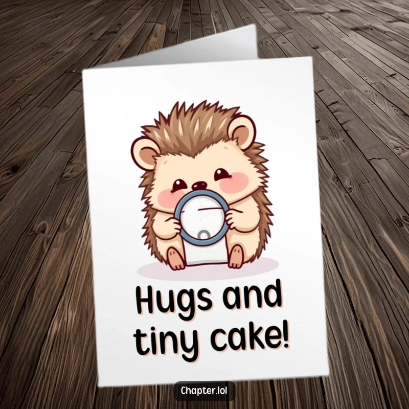 Funny Free Printable Birthday Card: Cheerful hedgehog with a magnifying glass, examining a small detail with delight.