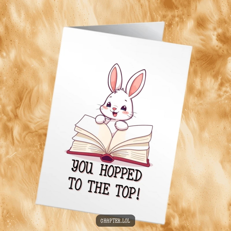 Funny Free Printable Congrats Card: Bouncing bunny quickly turning pages of a huge book, celebrating fast accomplishments.
