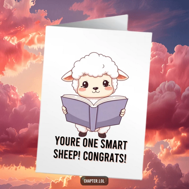 Funny Free Printable Congrats Card: A fluffy white sheep with wide, focused eyes holds and reads a large open book.