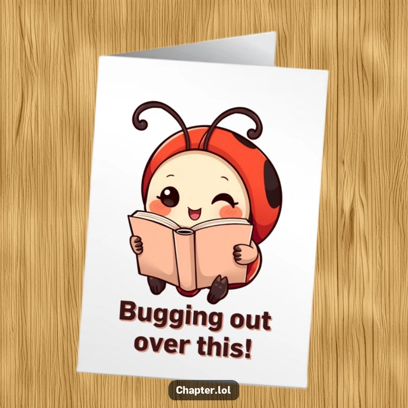 Funny free printable congratulations card: Cheerful ladybug with bookmark antennae, celebrating a literary success. Print now.
