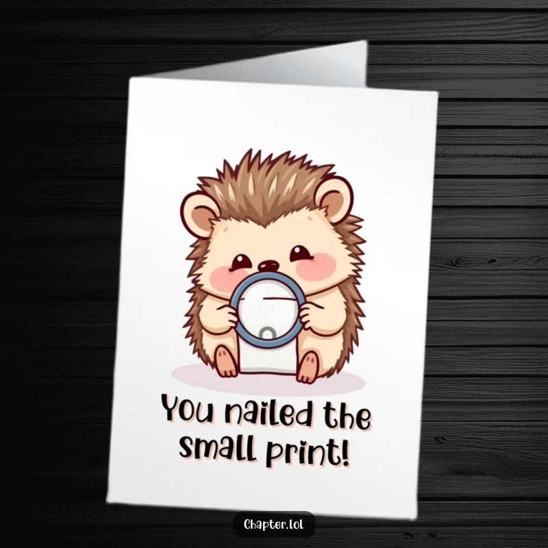 Funny Free Printable Congrats Card: Cheerful hedgehog with a magnifying glass, inspecting a tiny triumph.