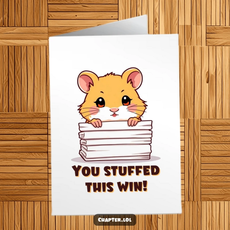 Funny free printable congratulations card: Curious hamster peeking from behind papers, celebrating an achievement. Print now.