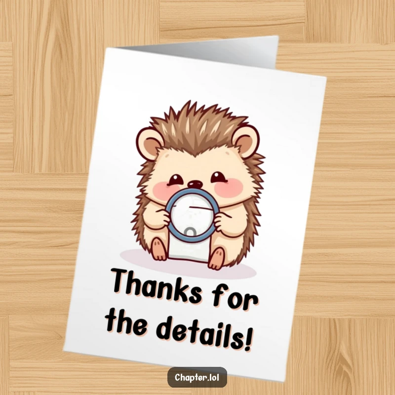 Funny Free Printable Thank You Card: Happy hedgehog with a magnifying glass, focusing on a tiny letter with interest.